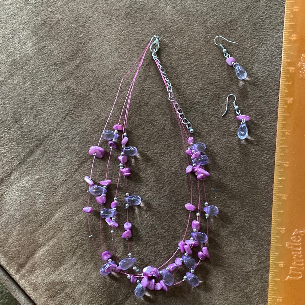 Pink and purple necklace and earring set.